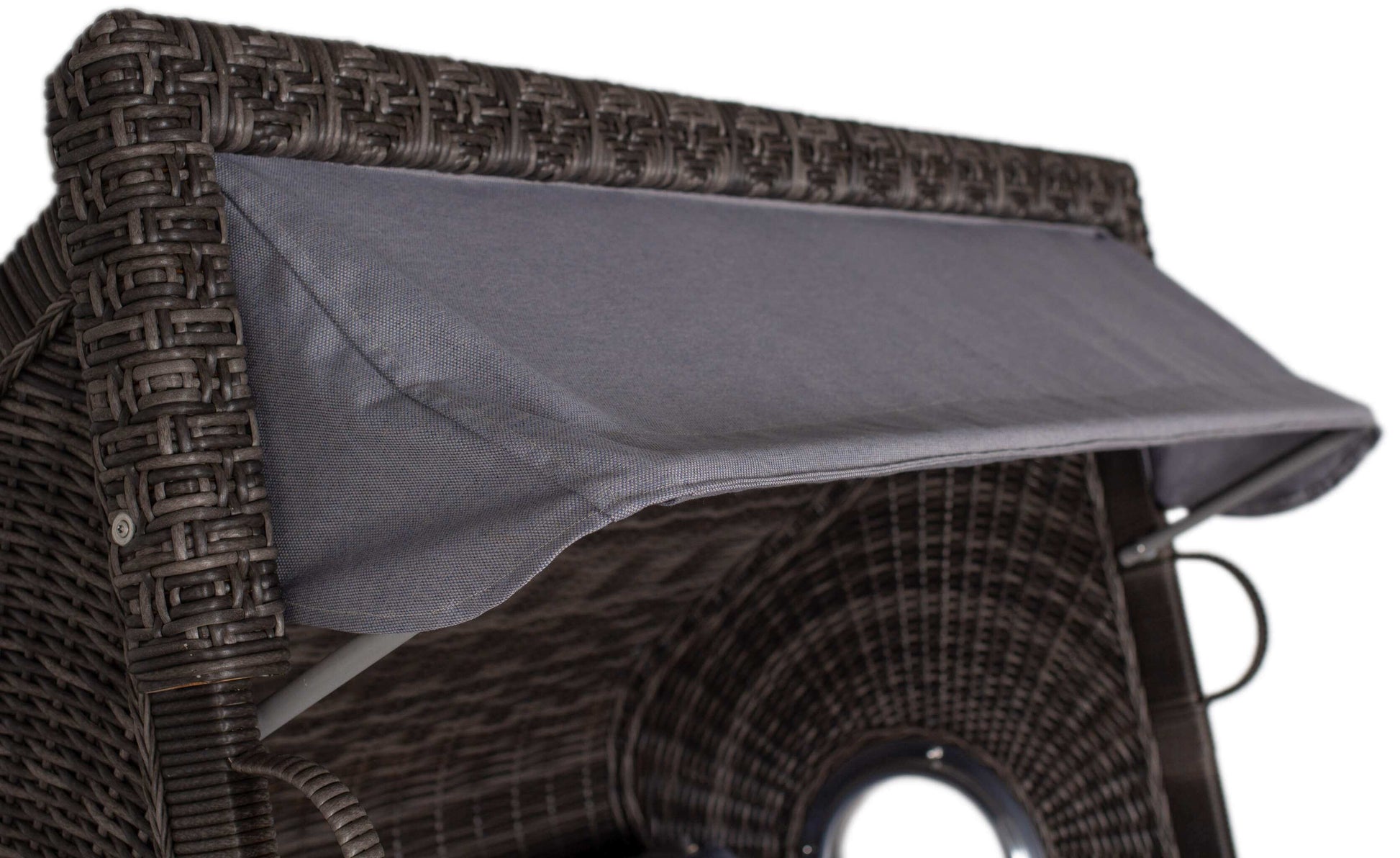 Strandkorb deVries Sailor PURE Teak XL PE stone-grey Dessin 253 mit ausgefahrener grauer Sonnenmarkise Detailansicht