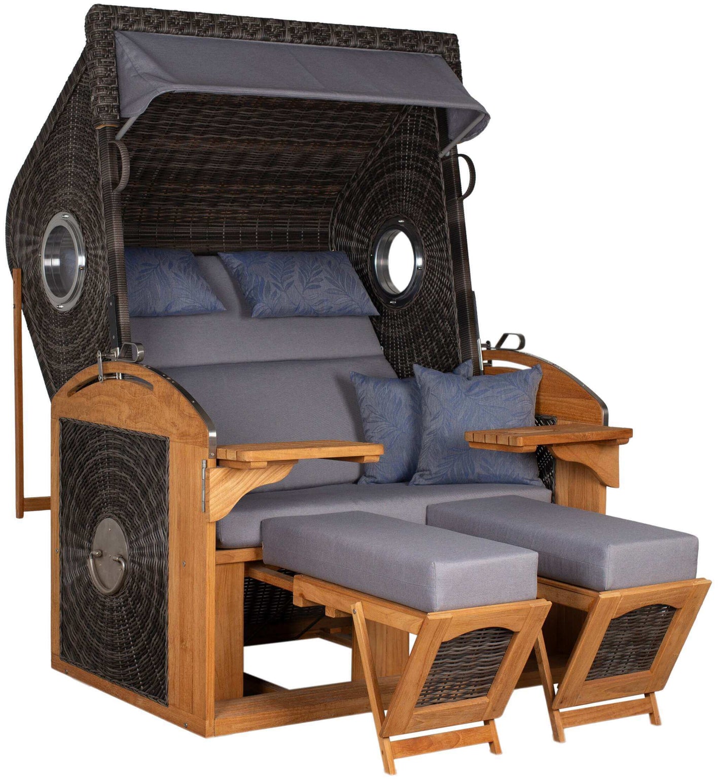 Strandkorb deVries Sailor PURE Teak XL PE stone-grey Dessin 253 mit Bullaugen und ausklappbaren Fußstützen