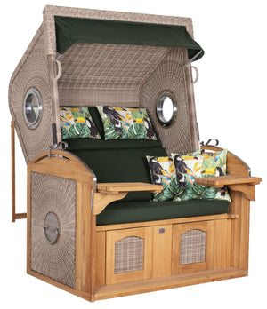 Strandkorb deVries Sailor PURE Teak XL white kubu mit Bullaugen und Dessin 244, komfortabler Premium Strandkorb für zwei Personen