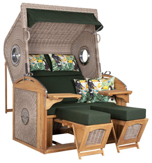 Strandkorb deVries Sailor PURE Teak XL PE white kubu Dessin 244 mit Bullaugen, grünen Polstern und Fußstützen