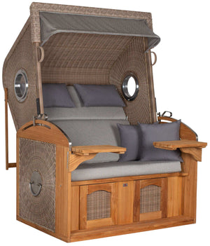 Strandkorb deVries Sailor PURE Teak XL PE white kubu grau mit Bullaugen und verstellbarer Liegefläche, Premium Strandkorb für zwei Personen