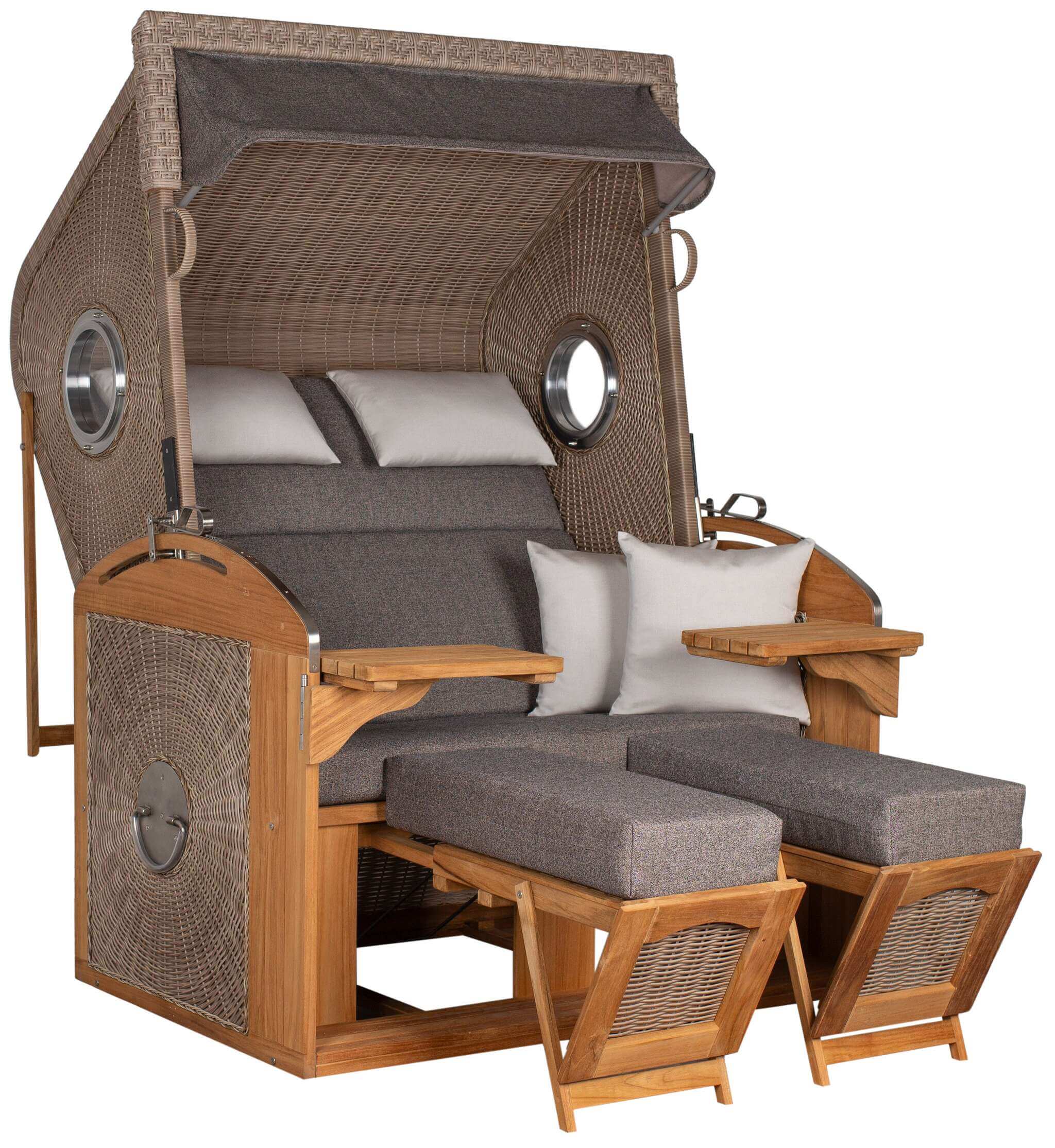 Strandkorb deVries Sailor PURE Teak XL PE white kubu Dessin 252 mit Bullaugen, Fußstützen und Klapptischen aus Teakholz