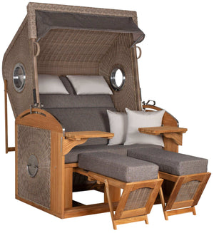 Strandkorb deVries Sailor PURE Teak XL PE white kubu Dessin 252 mit Bullaugen, Fußstützen und Klapptischen aus Teakholz