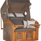 Strandkorb deVries Sailor PURE Teak XL PE white kubu Dessin 252 mit Bullaugen und grauen Polstern frontal