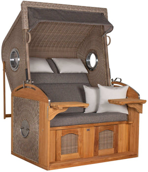 Strandkorb deVries Sailor PURE Teak XL PE white kubu Dessin 252 mit Bullaugen und grauen Polstern frontal