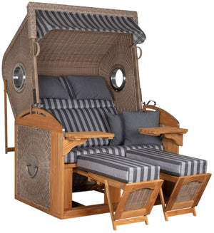 Strandkorb deVries Sailor PURE Teak XL PE white kubu Dessin 254 mit Bullaugen und grau-gestreiften Polstern
