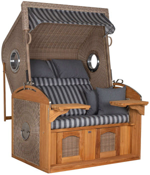 Strandkorb deVries Sailor PURE Teak XL PE white kubu Dessin 254 mit Bullaugen und grau gestreifter Polsterung