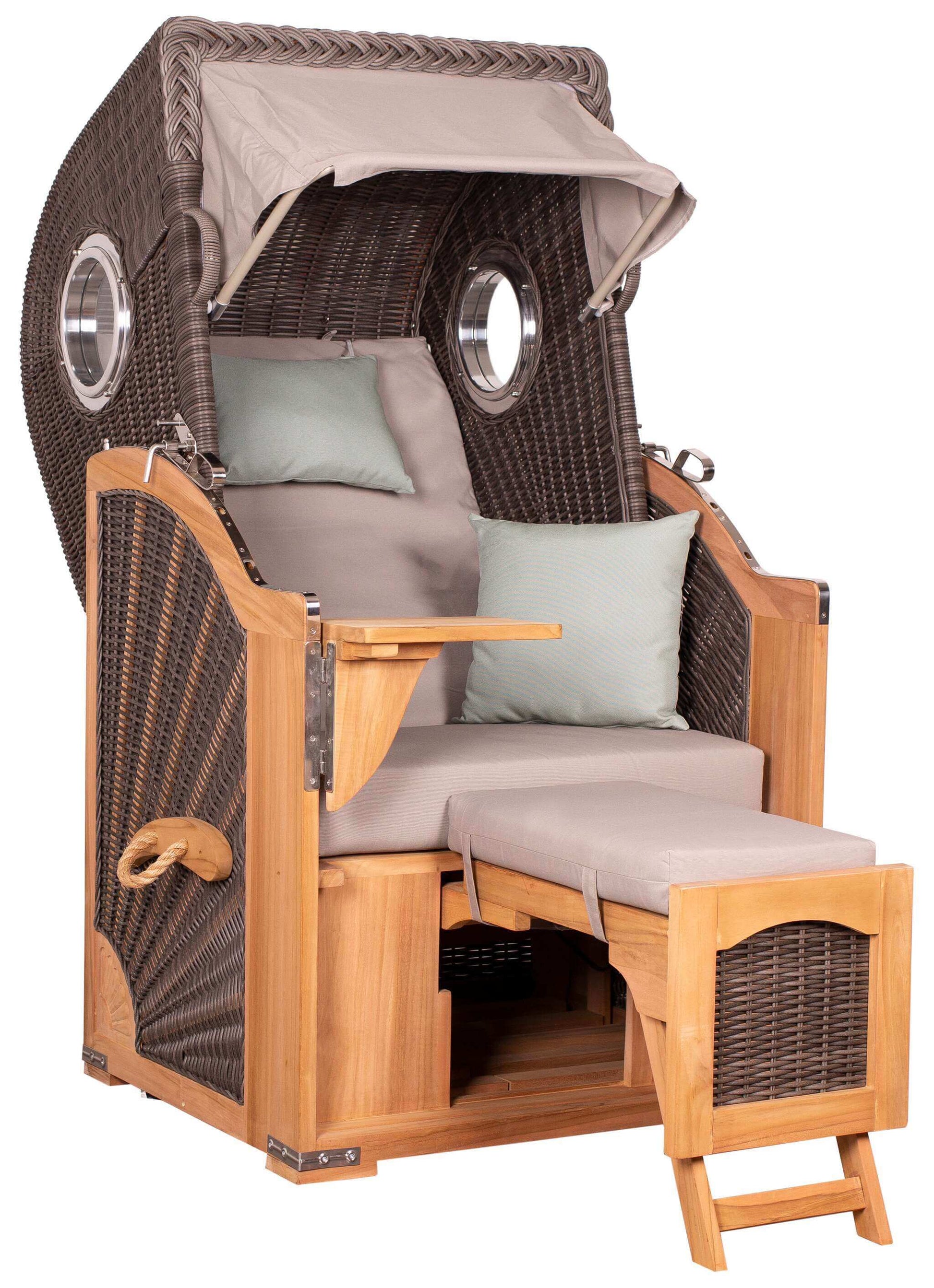 Strandkorb deVries PURE Seemöwe Teak PE stone grey mit Bullaugen, verstellbarer Fußstütze und Klapptisch, Größe wählbar