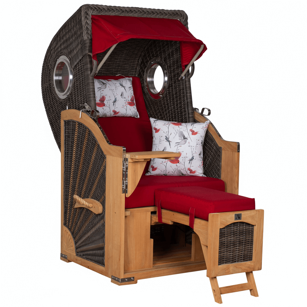 Strandkorb deVries PURE Seemöwe Teak PE stone grey Dessin 107 mit Bullaugen und roter Polsterung, verfügbar in 3 Größen