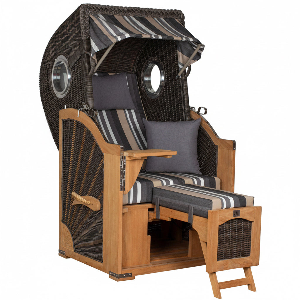 Strandkorb deVries PURE Seemöwe Teak PE stone grey mit Bullaugen, verstellbarer Fußstütze und Kissen im Dessin 158, Größe wählbar