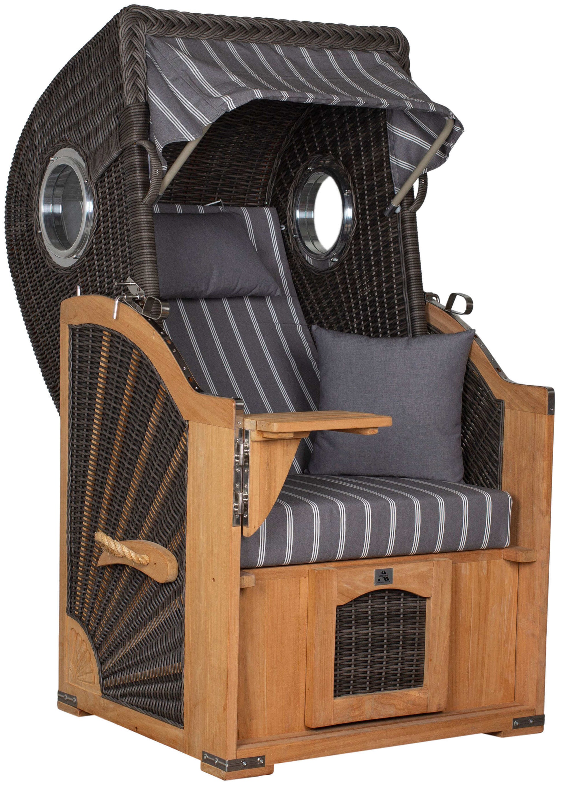 Strandkorb deVries PURE Seemöwe Teak PE stone grey mit Bullaugen, Dessin 235, Größe wählbar