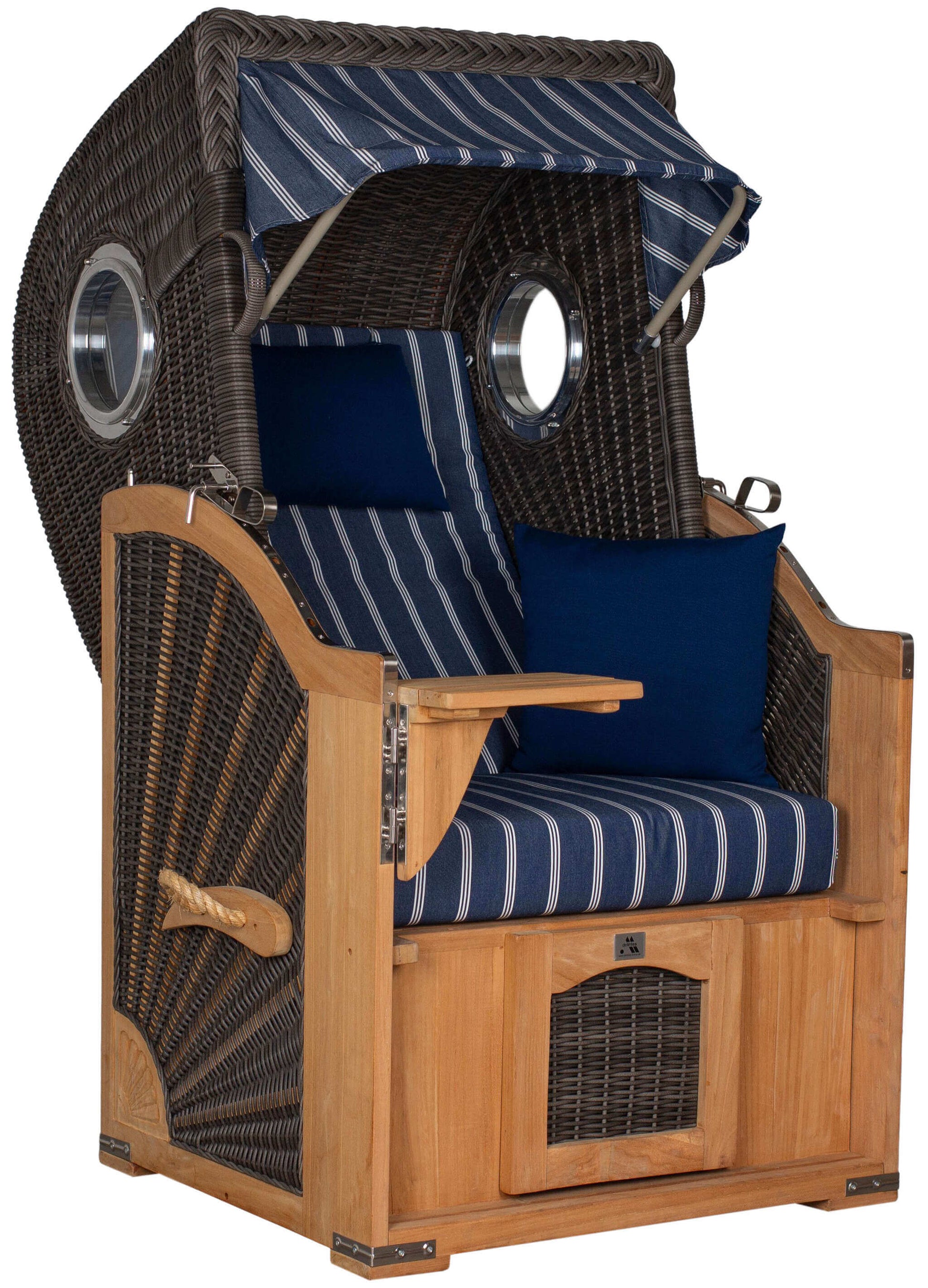 Strandkorb deVries PURE Seemöwe Teak PE stone grey Dessin 236 mit Bullaugen und blauen Polstern, Modell in Größe S XL oder XXL