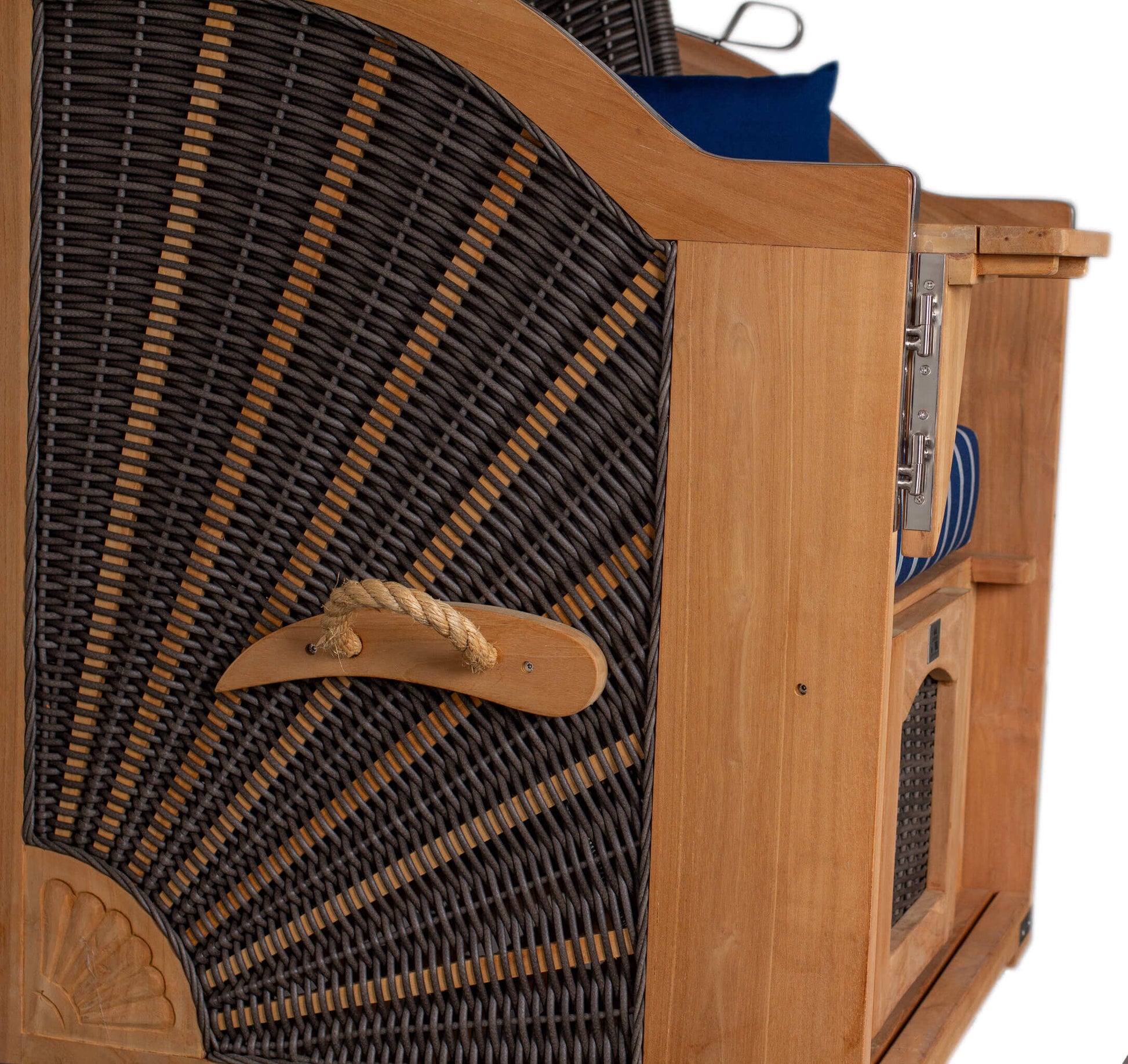 Strandkorb deVries PURE Seemöwe Teak PE stone grey Seitenansicht, Detail Teakholz und PE-Geflecht, Größe wählbar im Dessin 236