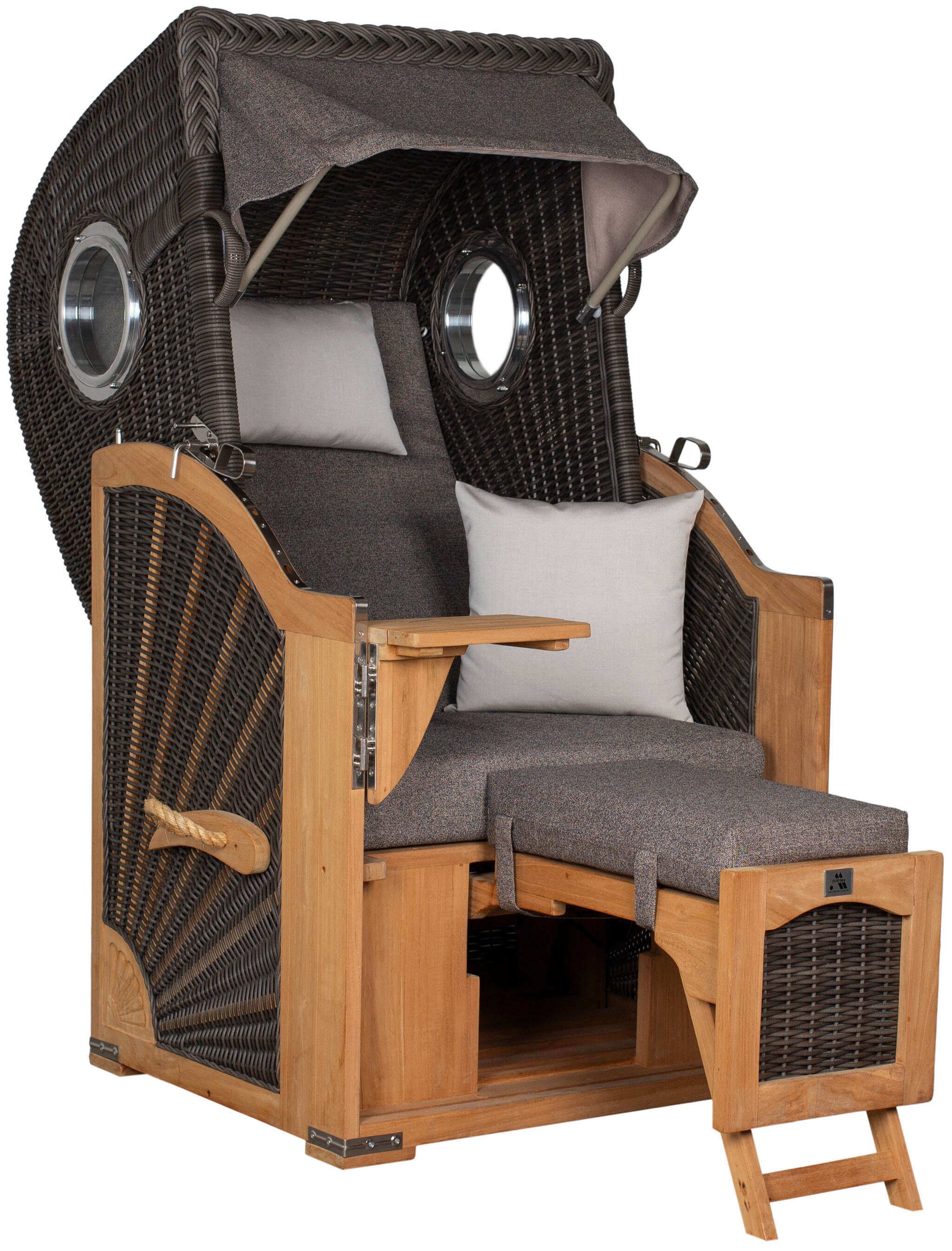 Strandkorb deVries PURE Seemöwe Teak PE stone grey mit Bullaugen und Fußstützen, Modell Dessin 252, Größe wählbar