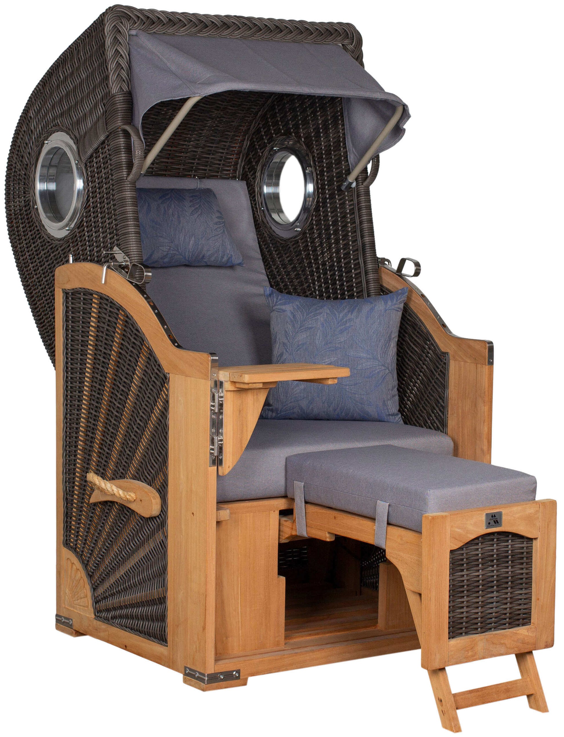 Strandkorb deVries PURE Seemöwe Teak PE stone grey mit Bullaugen, verstellbarer Fußstütze und Kissen, Modell Dessin 253