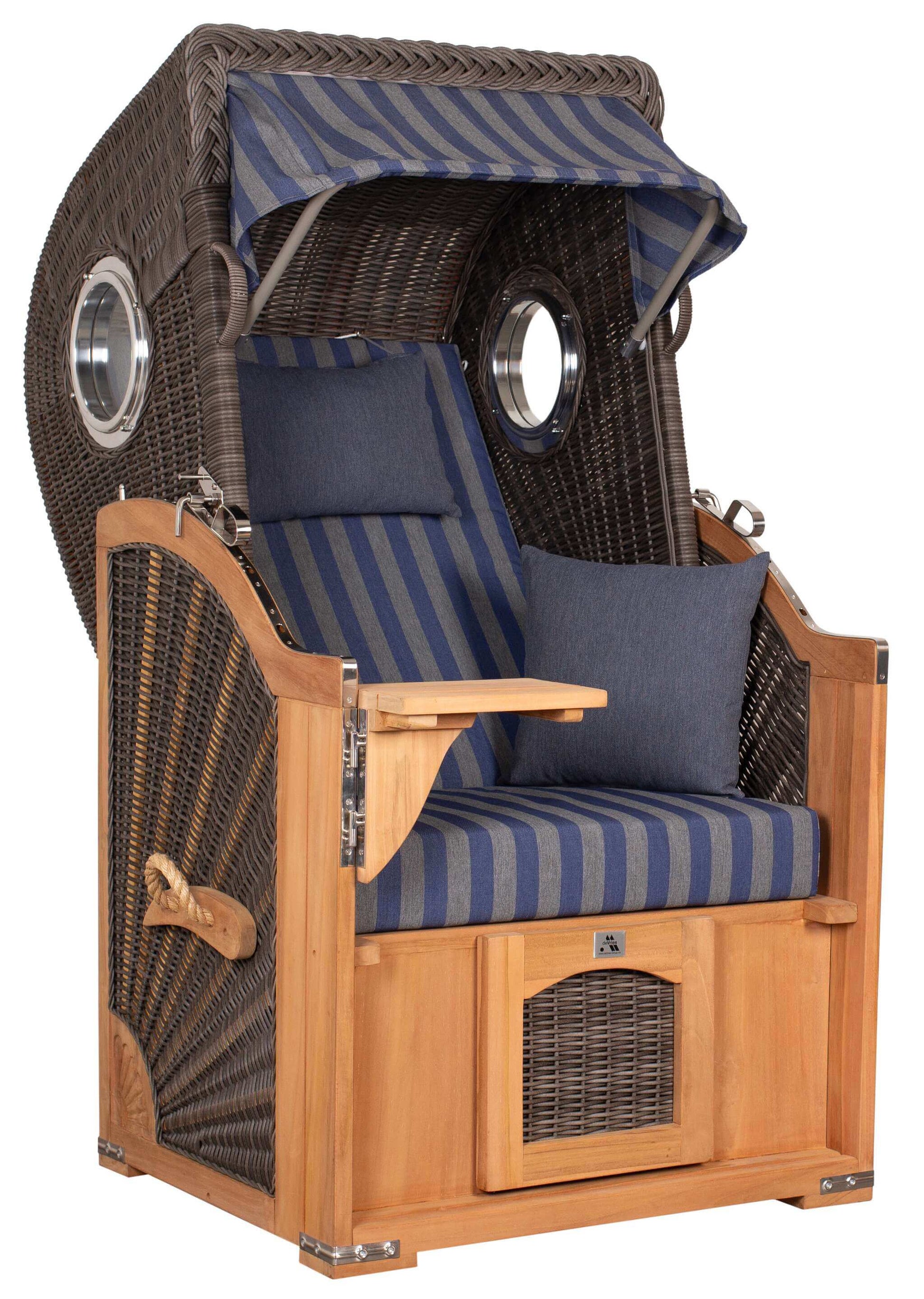 Strandkorb deVries PURE S Seemöwe aus Teak mit Bullaugen, PE-Geflecht stone grey und blau gestreifter Polsterung, Größe S