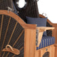 Strandkorb deVries PURE S Seemöwe aus Teak mit Bullaugen, PE-Geflecht stone grey und blau gestreifter Polsterung, Detailansicht Armlehne