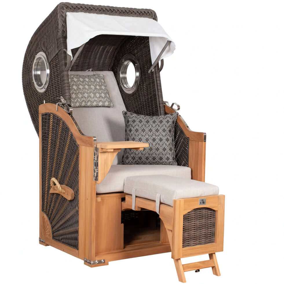 Strandkorb deVries PURE Seemöwe Teak PE stone grey 3-Sitzer mit Bullaugen, verstellbarem Fußteil und Kissen im Dessin 507