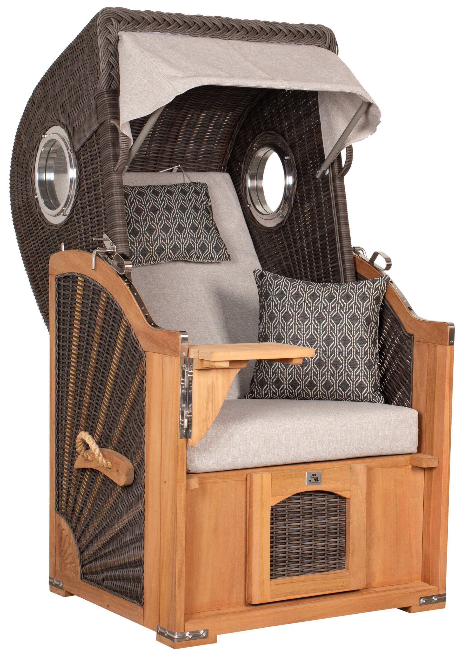 Strandkorb Seemöwe Teak 1-Sitzer mit Bullaugen und PE-Geflecht stone grey, Komfort-Liegekorb mit Nacken- und Kuschelkissen