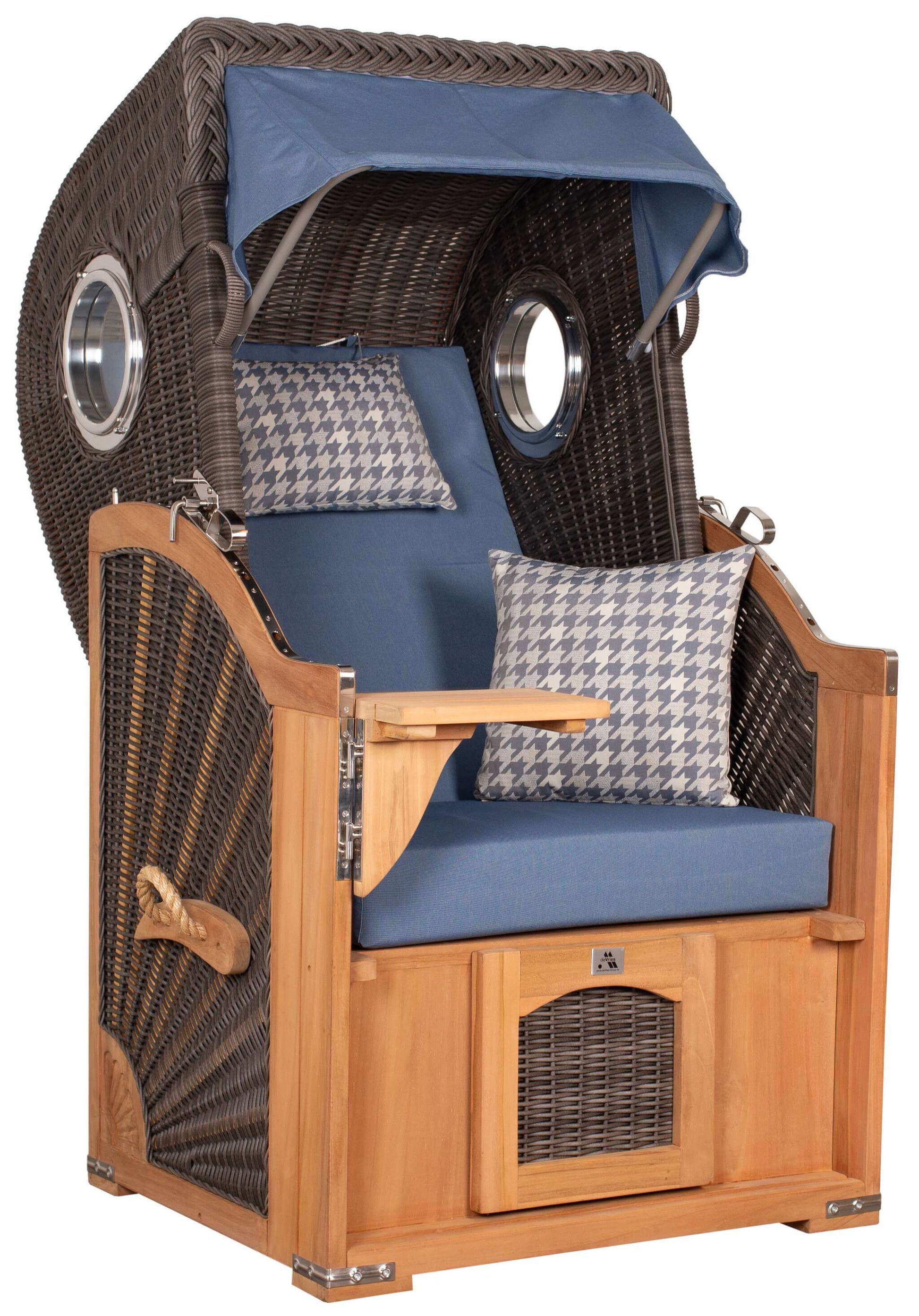 Strandkorb deVries PURE Seemöwe Teak PE stone grey Dessin 509 mit Bullaugen und blauer Polsterung, Modell in Größe S XL oder XXL