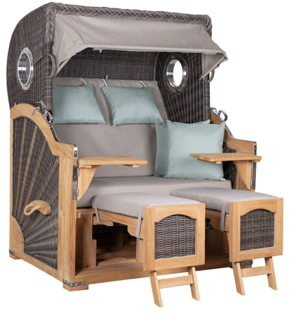 Strandkorb deVries PURE Seemöwe Teak PE stone grey mit Bullaugen und Fußstützen in Dessin 483, verfügbar in drei Größen