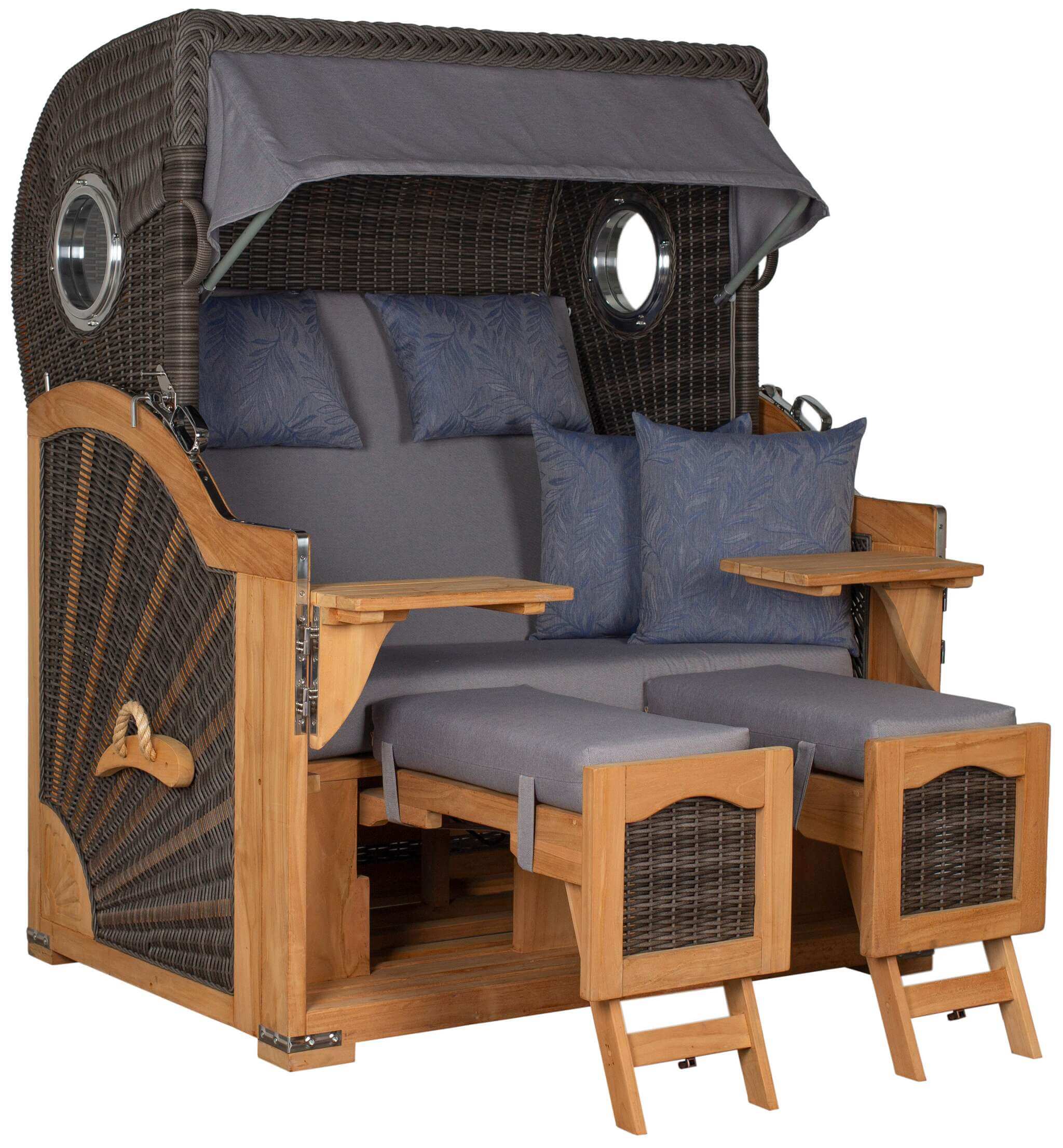Strandkorb deVries PURE Seemöwe Teak PE stone grey mit Bullaugen, verstellbaren Fußstützen und Kissen, Modell Dessin 253