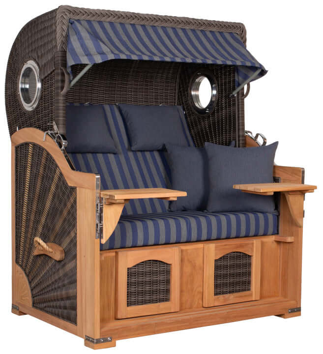 Strandkorb deVries PURE S Seemöwe aus Teak mit Bullaugen, PE-Geflecht stone grey, verstellbare Fußteile und Polster im Dessin 249