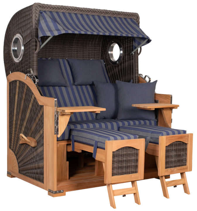 Strandkorb deVries PURE S Seemöwe Teak PE stone grey mit Bullaugen, verstellbaren Fußstützen und blau-gestreiften Polstern