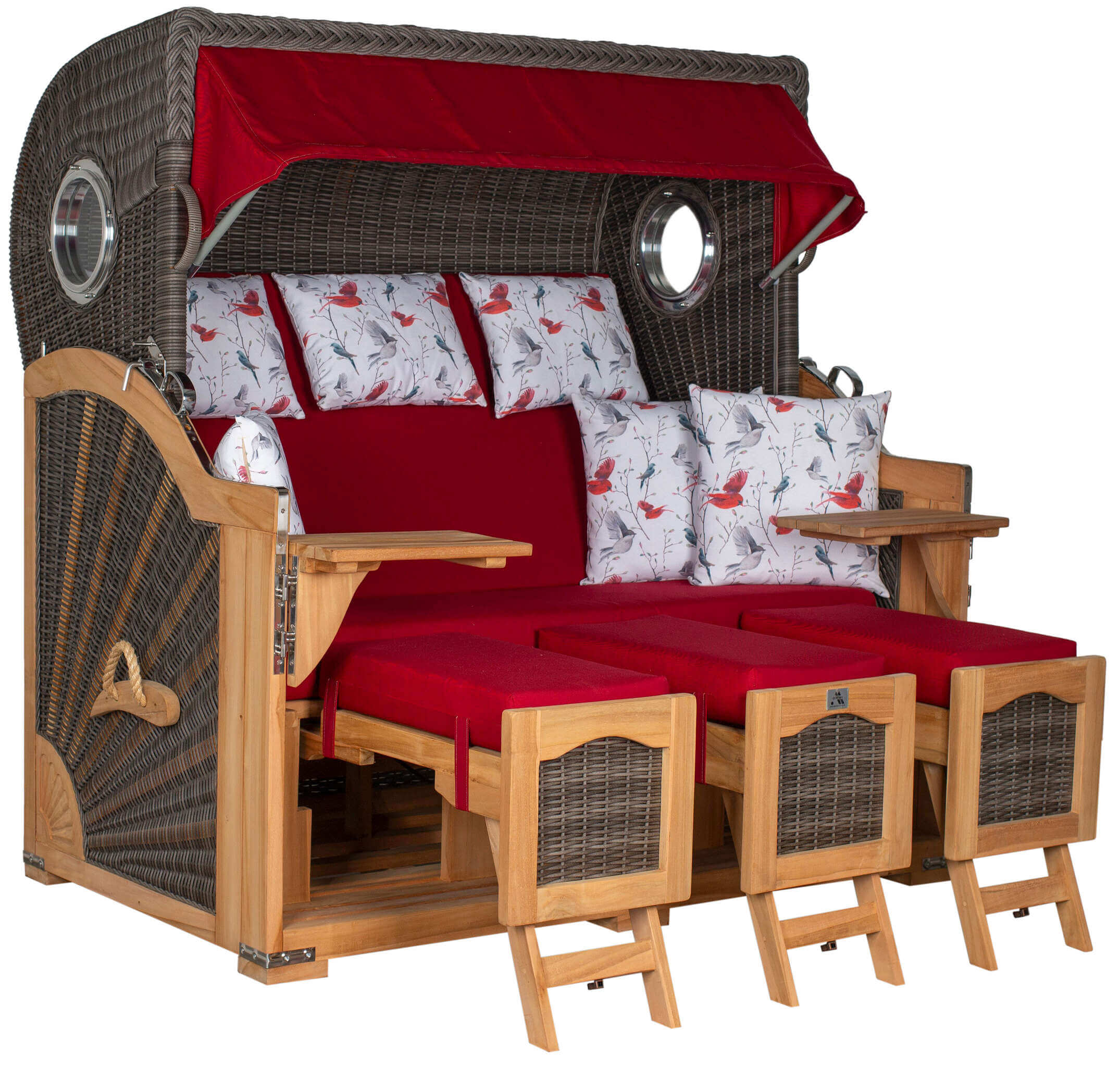 Strandkorb deVries PURE Seemöwe Teak PE stone grey XXL mit roten Polstern und Bullaugen, Modell Dessin 107, Vorderansicht