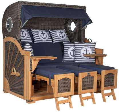 Strandkorb deVries PURE Seemöwe Teak PE stone grey XXL mit Bullaugen und blauen maritimen Kissen, Modell Dessin 198