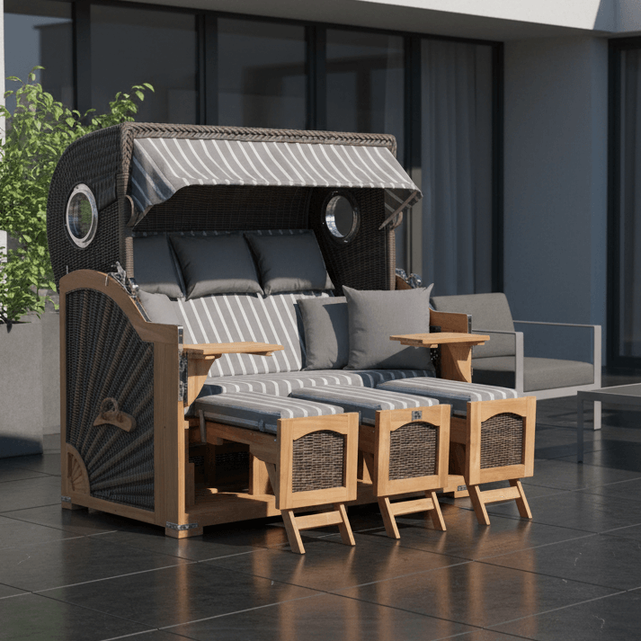Strandkorb deVries PURE Seemöwe Teak PE stone grey Dessin 235 auf moderner Terrasse mit Bullaugen und Liegefunktion