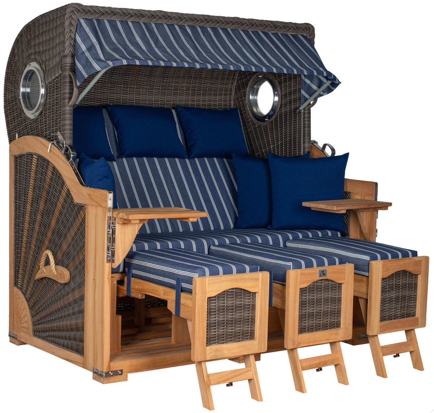 Strandkorb deVries PURE Seemöwe Teak PE stone grey mit Bullaugen und blauen Polstern, Modell Dessin 236, Größe wählbar