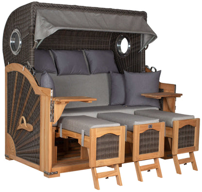 Strandkorb deVries PURE Seemöwe Teak PE stone grey mit Bullaugen und verstellbaren Fußstützen, Modell Dessin 251, Größe XXL