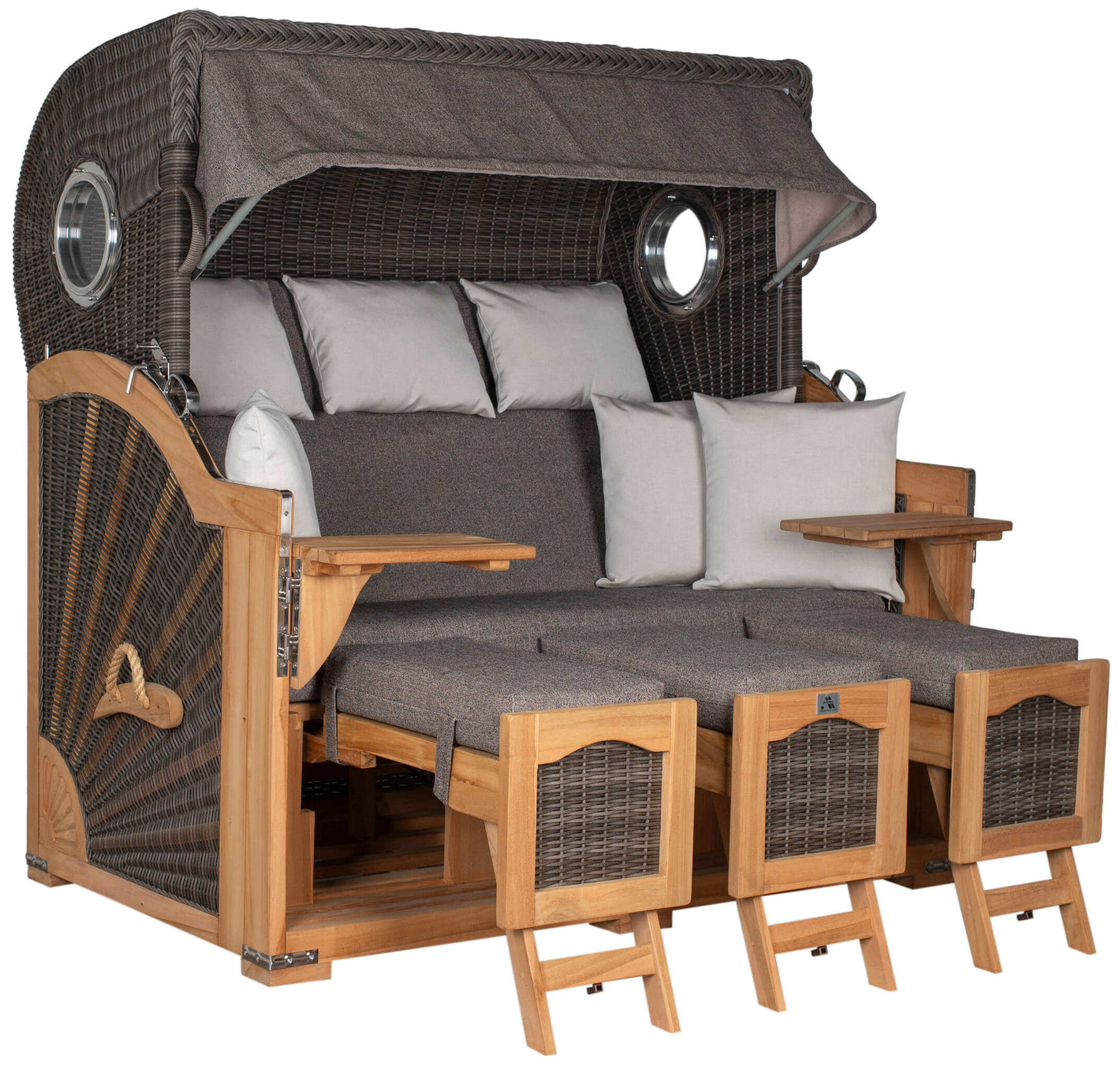 Strandkorb deVries PURE Seemöwe Teak PE stone grey mit Bullaugen und Liegefunktion, Modell Dessin 252, komfortabler XL Doppel-Strandkorb