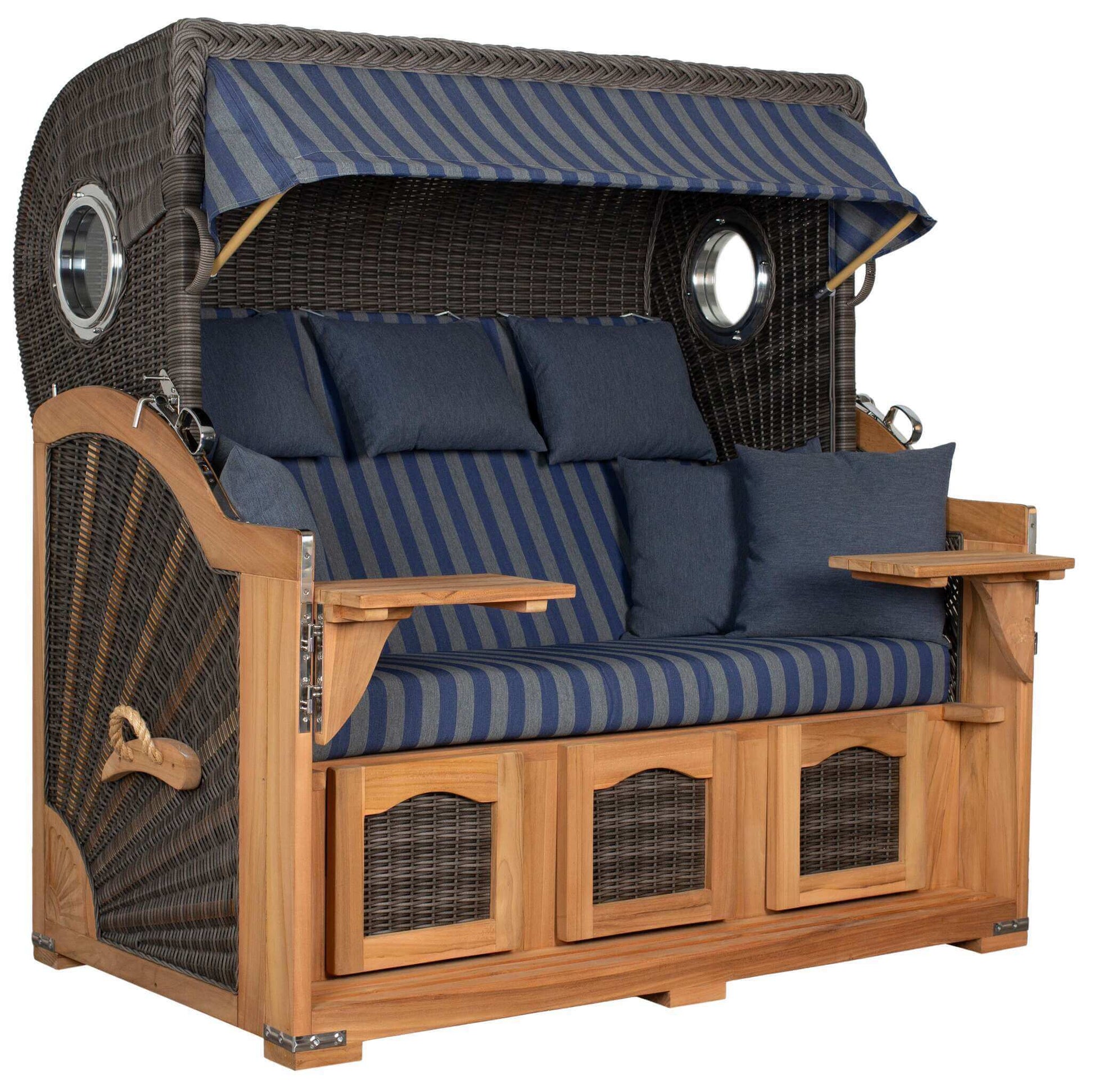 Strandkorb deVries PURE S Seemöwe Teak PE stone grey Dessin 249 mit Bullaugen und blauen Polstern, verfügbar in 3 Größen