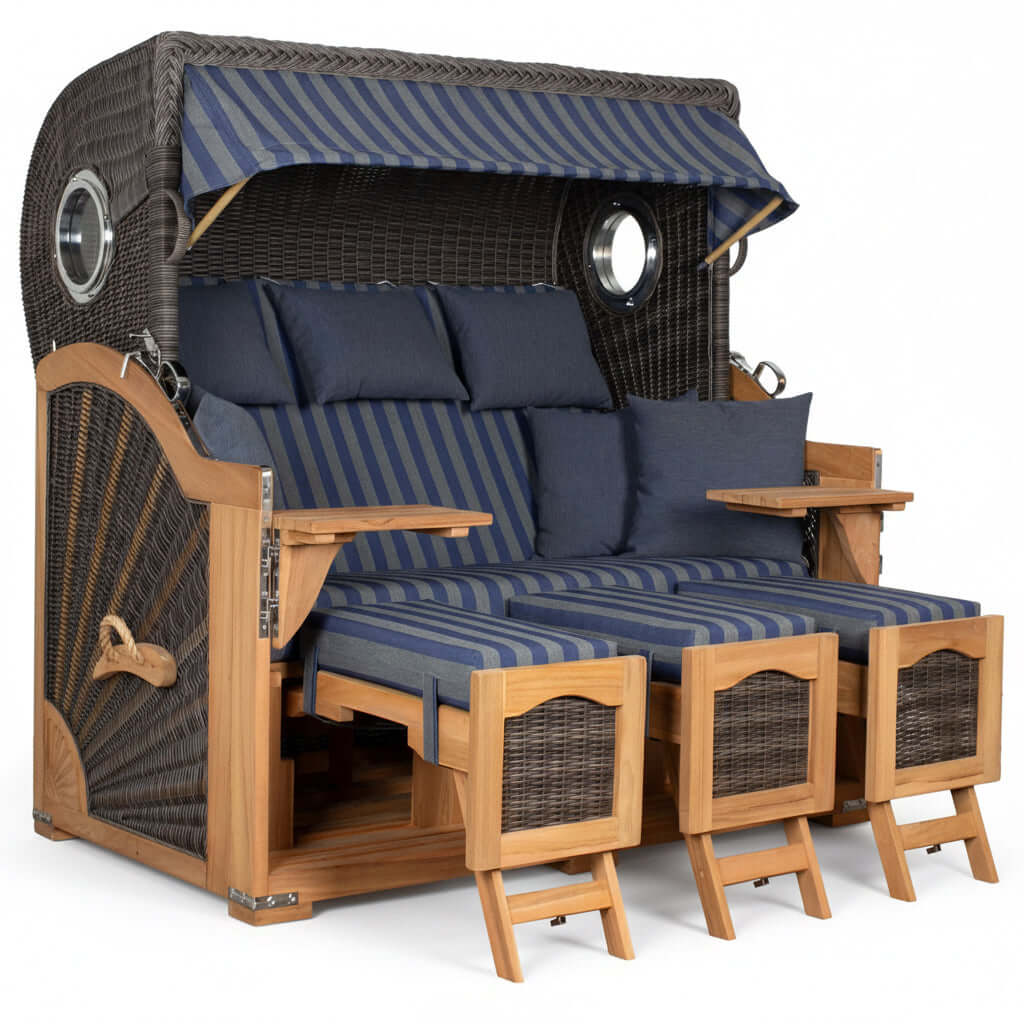 Strandkorb deVries PURE S Seemöwe Teak PE stone grey Dessin 249 mit Bullaugen, Fußstützen und Polstern, 3 Größen wählbar