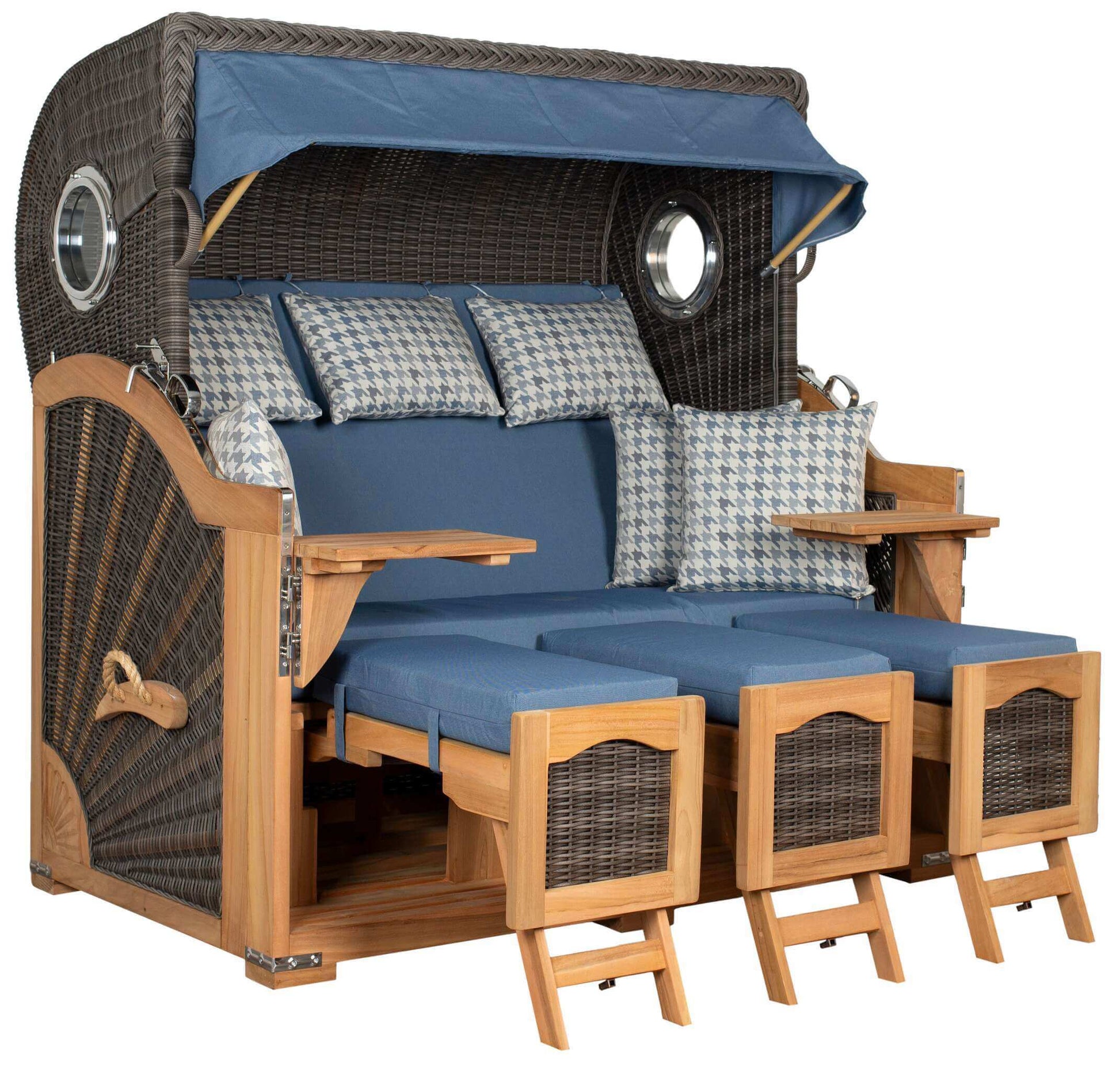 Strandkorb deVries PURE Seemöwe Teak PE stone grey Dessin 509 mit Bullaugen und blauen Polstern in Größe XXL