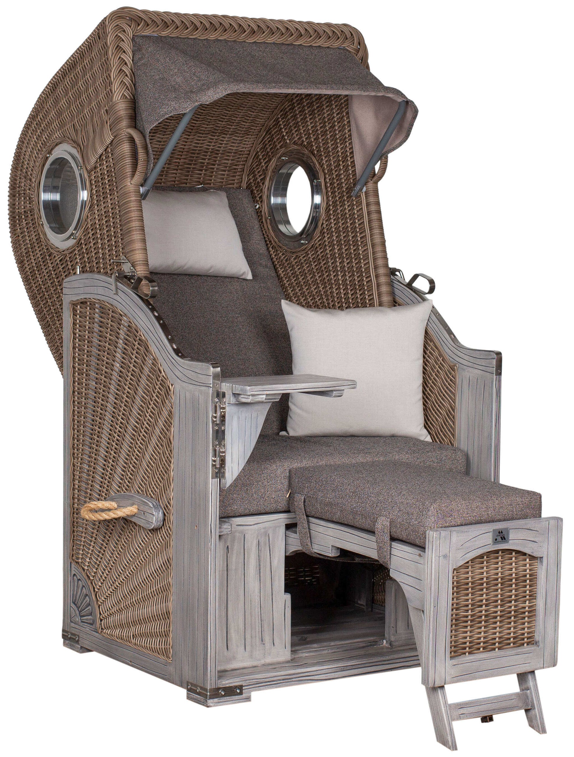 Strandkorb deVries PURE Seemöwe Vintage PE white kubu in Dessin 252, Mahagoniholz grey washed mit Bullaugen, Modell in Größe XL