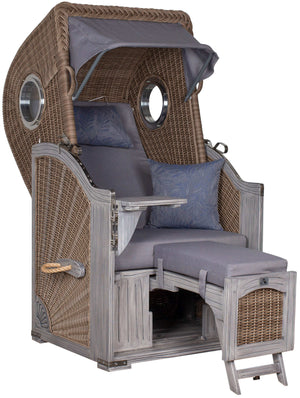 Strandkorb deVries PURE Seemöwe Vintage PE white kubu mit Bullaugen und Fußteil in Grau, Modell Dessin 253, Größe wählbar