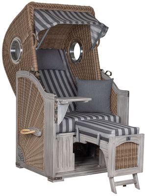 Strandkorb deVries PURE Seemöwe Vintage PE white kubu grey washed mit Bullaugen, graue Polster, verstellbare Fußstützen, Größe wählbar