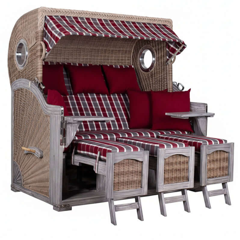 Strandkorb deVries PURE Seemöwe Vintage PE white kubu in Dessin 230 mit Bullaugen und Liegefunktion, verfügbar in S, XL und XXL