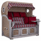 Strandkorb deVries PURE Seemöwe Vintage white kubu mit Bullaugen und karierten Polstern in Rot-Grau, Mahagoniholz grey washed
