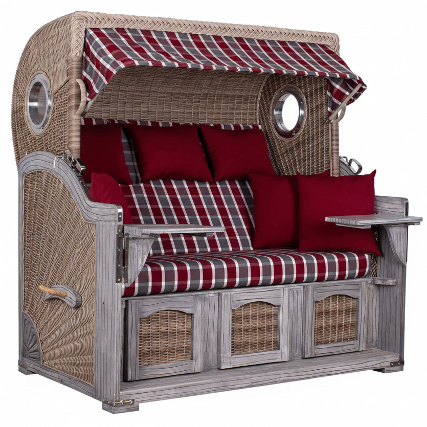 Strandkorb deVries PURE Seemöwe Vintage white kubu mit Bullaugen und karierten Polstern in Rot-Grau, Mahagoniholz grey washed