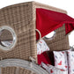 Strandkorb deVries PURE Seemöwe Vintage white kubu mit Bullaugen, rotem Sonnendach und Kissen im Design 107 Vögel rot, Detailansicht