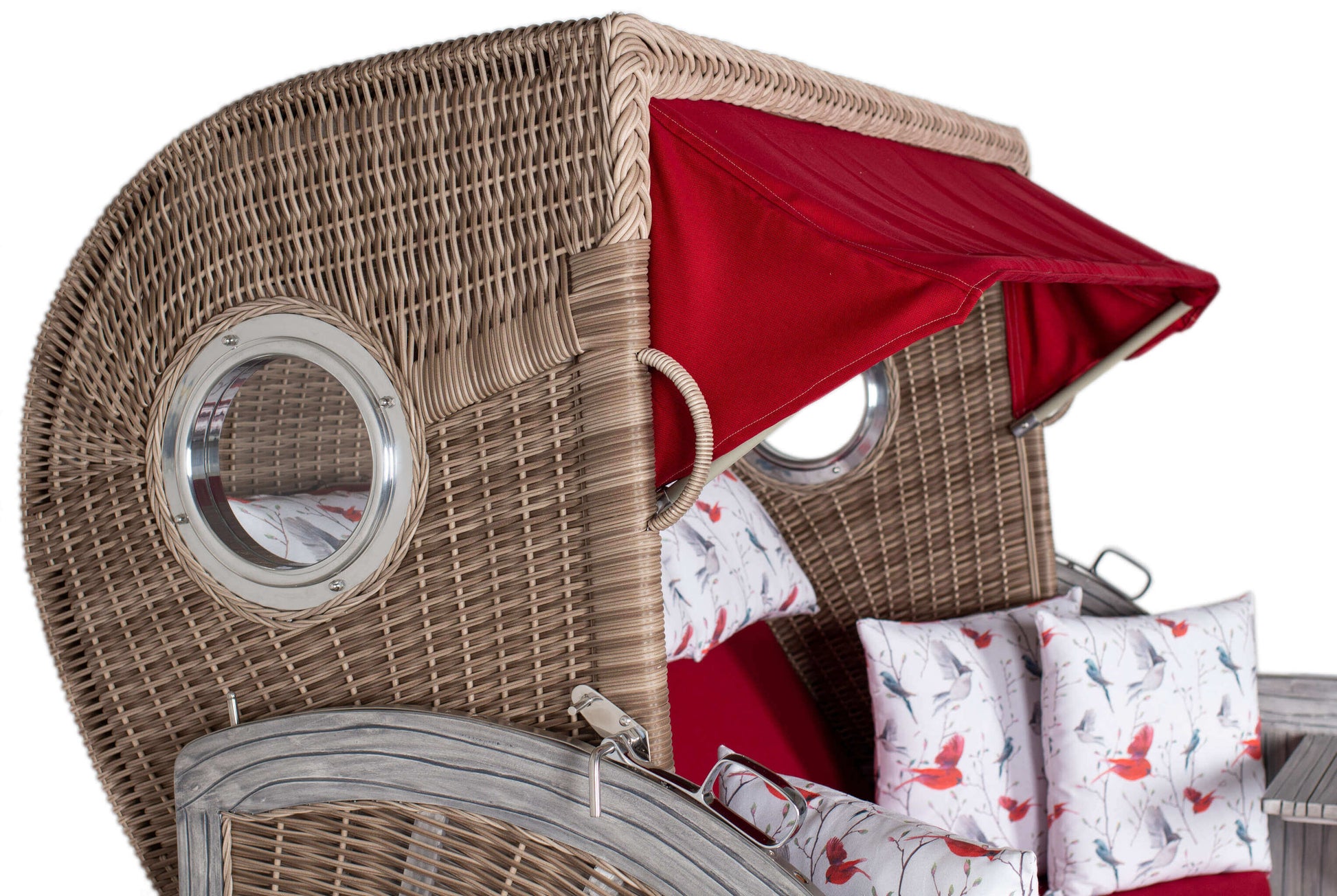 Strandkorb deVries PURE Seemöwe Vintage white kubu mit Bullaugen, rotem Sonnendach und Kissen im Design 107 Vögel rot, Detailansicht