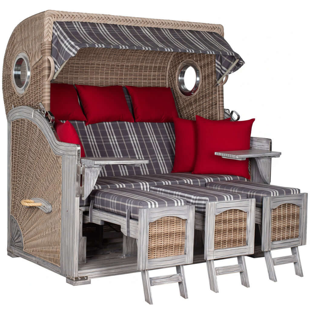 Strandkorb deVries PURE Seemöwe Vintage PE white kubu mit Bullaugen, grauem Karo-Bezug und roten Kissen, XL Doppel-Strandkorb