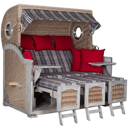 Strandkorb deVries PURE Seemöwe Vintage PE white kubu mit Bullaugen, grauem Karo-Bezug und roten Kissen, XL Doppel-Strandkorb