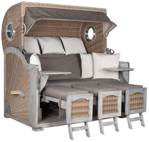 Strandkorb deVries PURE Seemöwe Vintage PE white kubu aus Mahagoniholz grey washed mit Bullaugen in Größe XXL Frontansicht