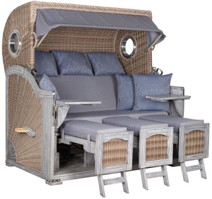 Strandkorb deVries PURE Seemöwe Vintage PE white kubu grey washed Mahagoniholz mit Bullaugen in Größe XXL