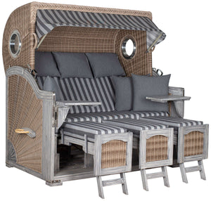 Strandkorb deVries PURE Seemöwe Vintage PE white kubu, mahagonifarbenes Gestell grey washed mit Bullaugen, Dessin 254 grau anthrazit